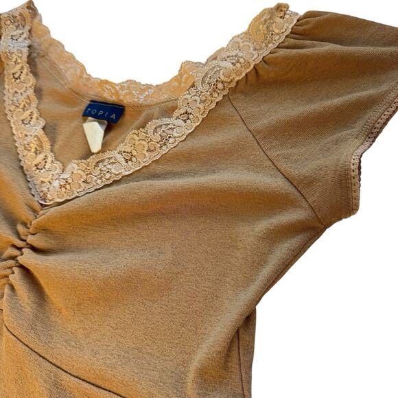 Vintage Y2K Babydoll Top Women's M Tan Cap Sleeve Coquette Festival Lace Dainty - Picture 3 of 6